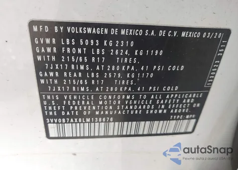 2020 Volkswagen Tiguan S z USA, uszkodzony, nr VIN 3VV0B7AX8LM138676